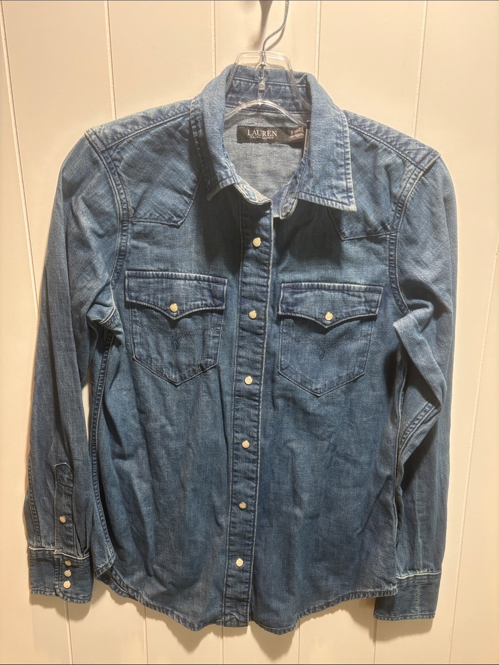 NWT Lauren by Ralph Lauren denim western shirt pearl snaps all cotton S